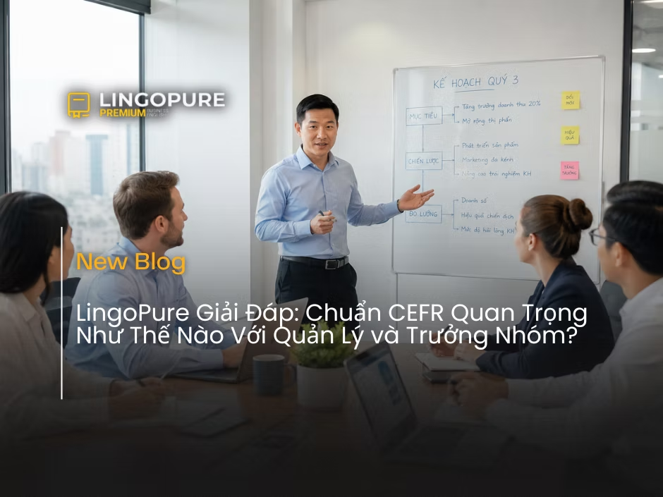 Quản lý đang thuyết trình kế hoạch bằng tiếng Anh trước đội nhóm — LingoPure.