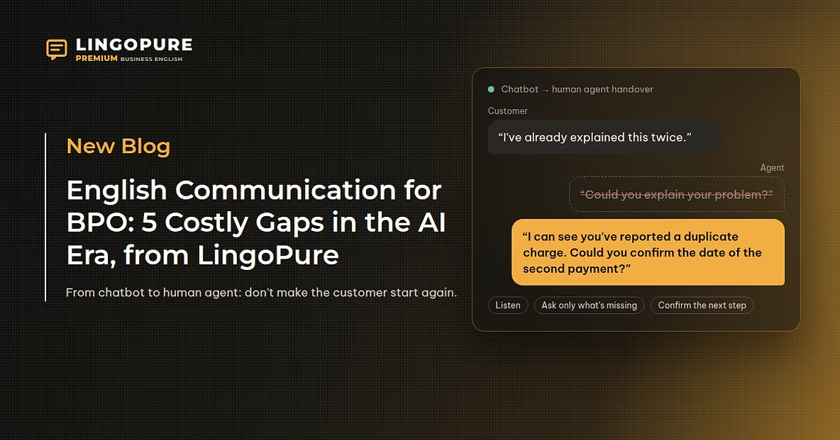 Minh họa bàn giao từ chatbot sang nhân viên hỗ trợ trong giao tiếp tiếng Anh cho BPO — LingoPure.