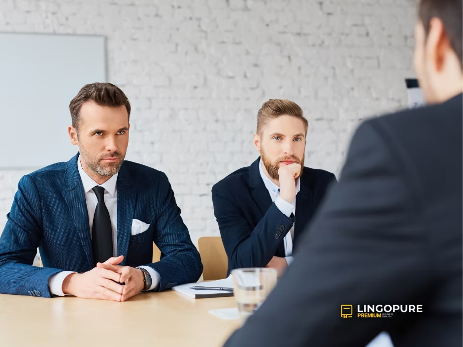 Hai người đi làm lắng nghe trong một cuộc đàm phán tại bàn họp — LingoPure.