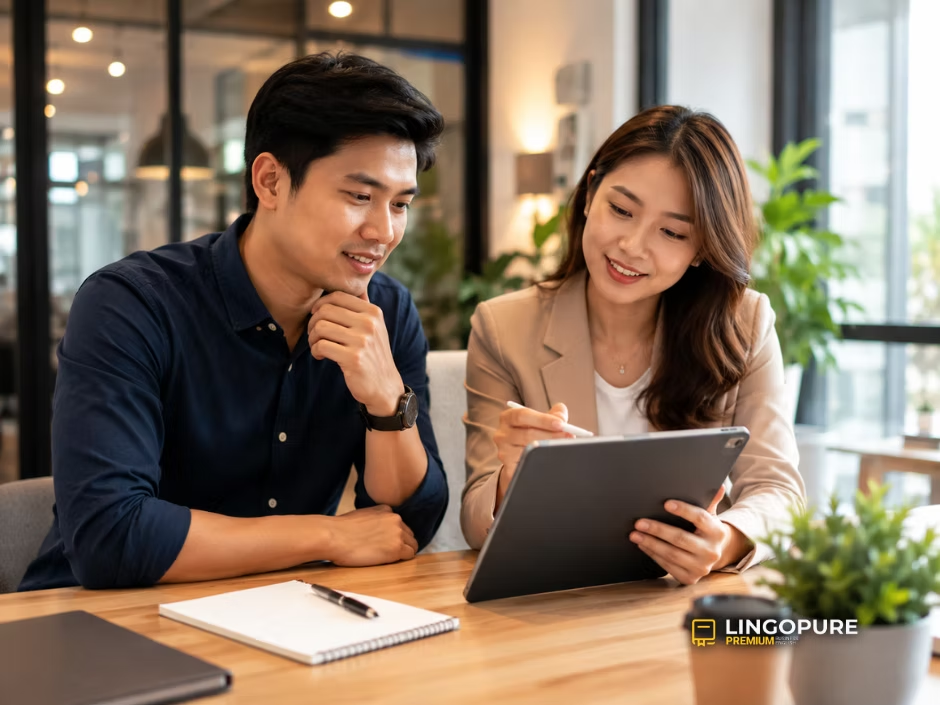 Hai người đi làm đang cùng học tiếng Anh trong văn phòng — LingoPure.