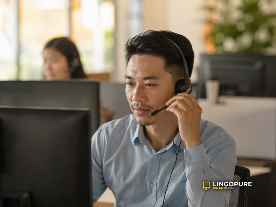 Người đi làm đang xử lý cuộc gọi bằng tiếng Anh trong văn phòng — LingoPure.