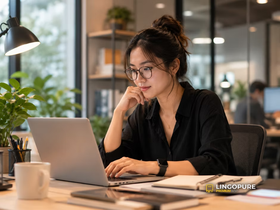 Người đi làm đang tự học tiếng Anh trực tuyến trong văn phòng — LingoPure.