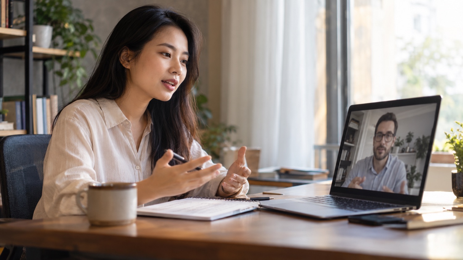 Giáo viên trao đổi với một nhân sự qua video call trong buổi đánh giá